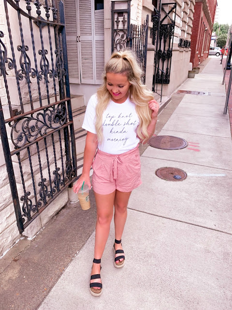 blush paperbag shorts and a graphic tee with espadrille sandals