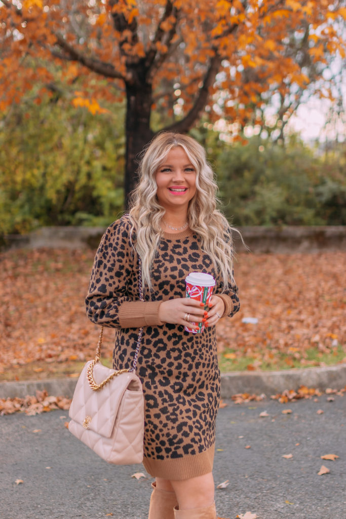 Under $100 Fall Dupe Outfit- leopard dress and boots for fall