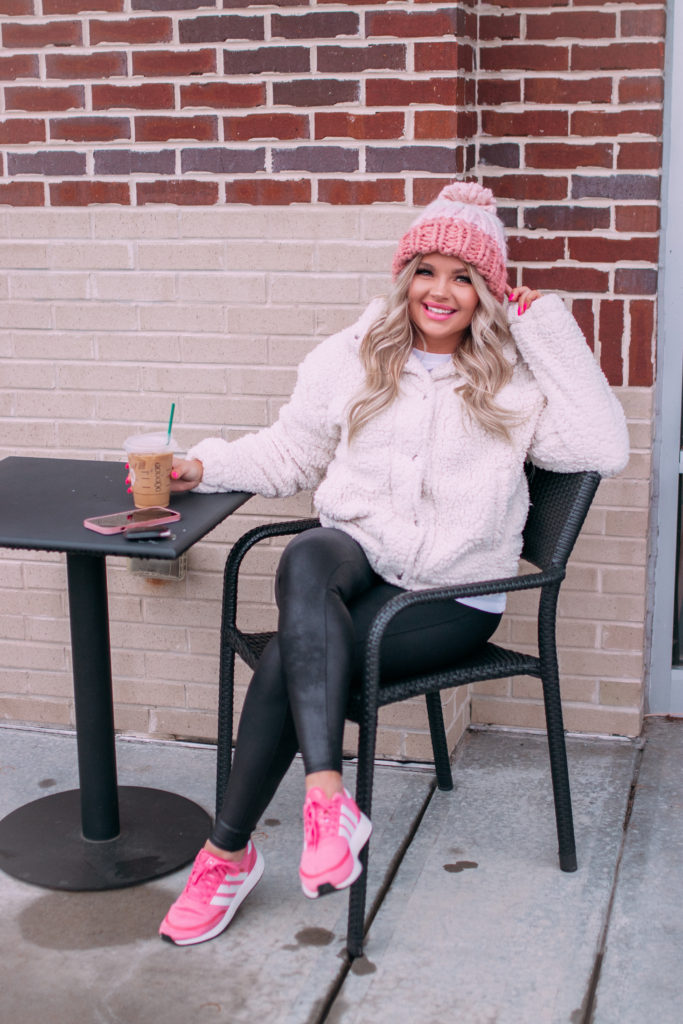 Casual Winter Athleisure- sherpa jacket, beanie, and spanx leggings outfit